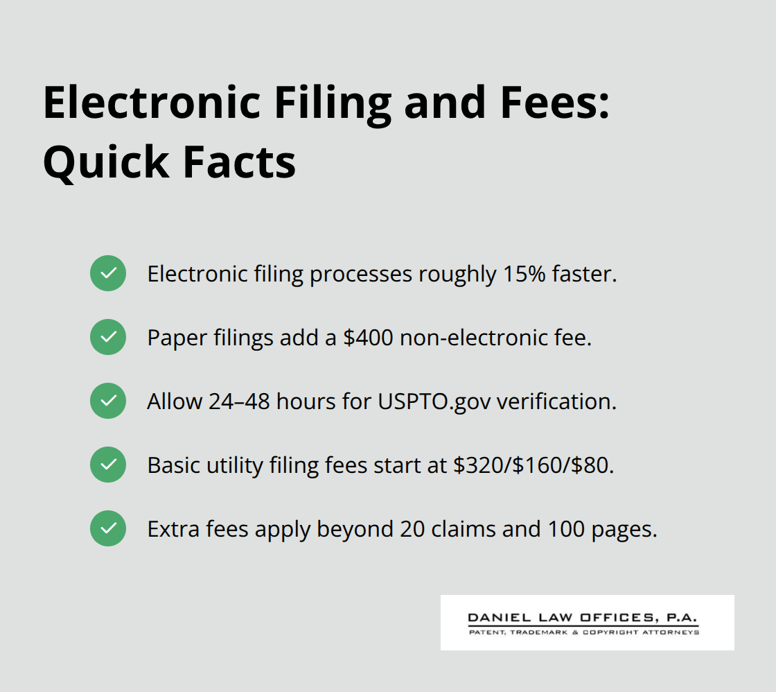 Checklist summarizing faster e-filing, paper-filing fees, account timing, base fees, and overage fees. - How to file patent