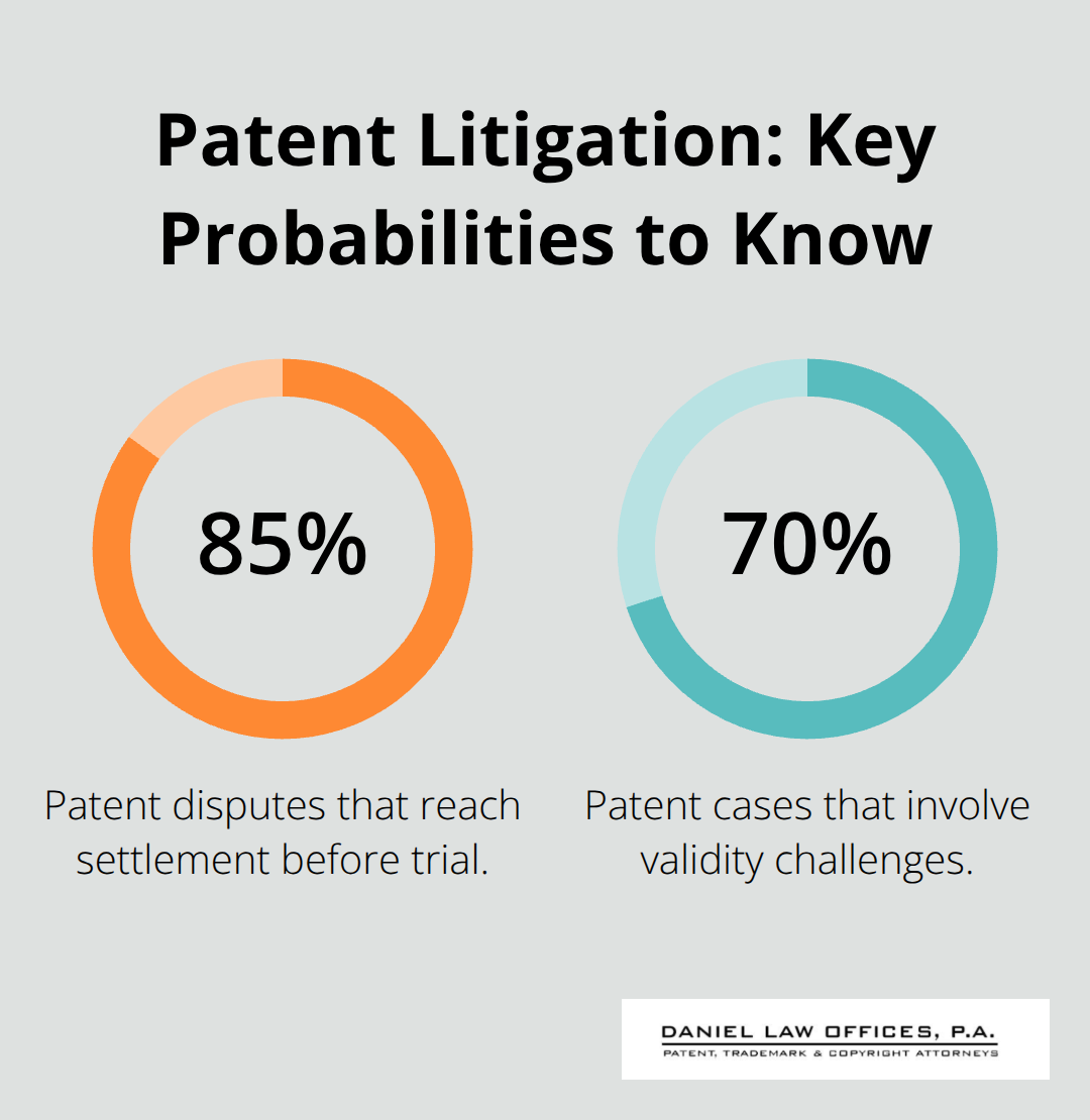 Chart showing that 85% of patent disputes settle and 70% involve validity challenges in U.S. patent cases. - Litigation strategies for patents