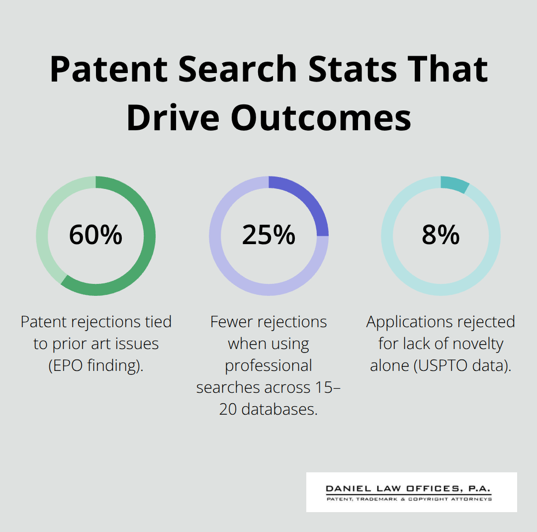 Percentages showing prior art impact, professional search benefits, and lack-of-novelty rejections for USPTO filings - Orlando patent filing advice