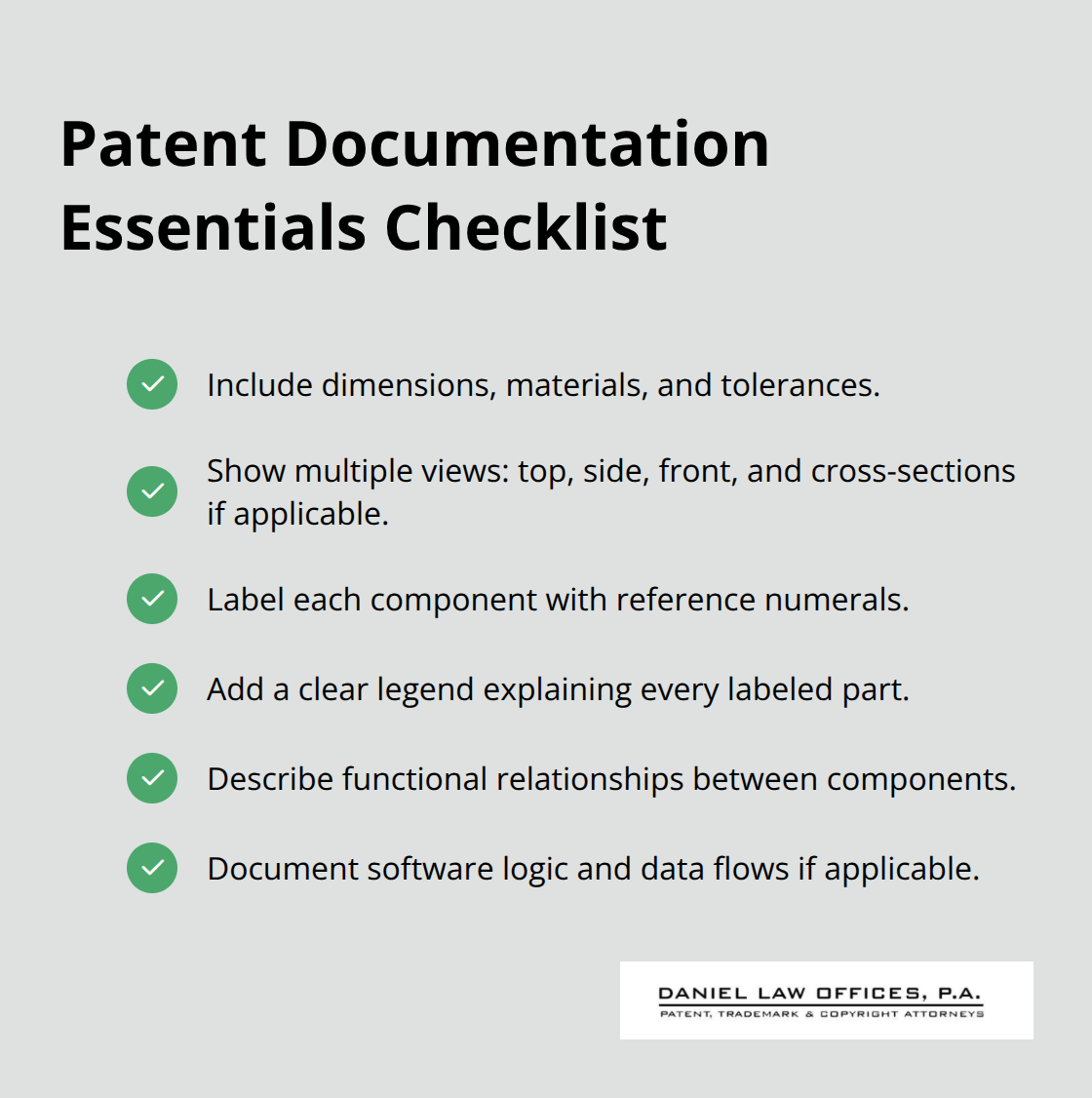 Checklist of essential items to prepare technical specifications and drawings for a USPTO patent application. - Patent application speed tips
