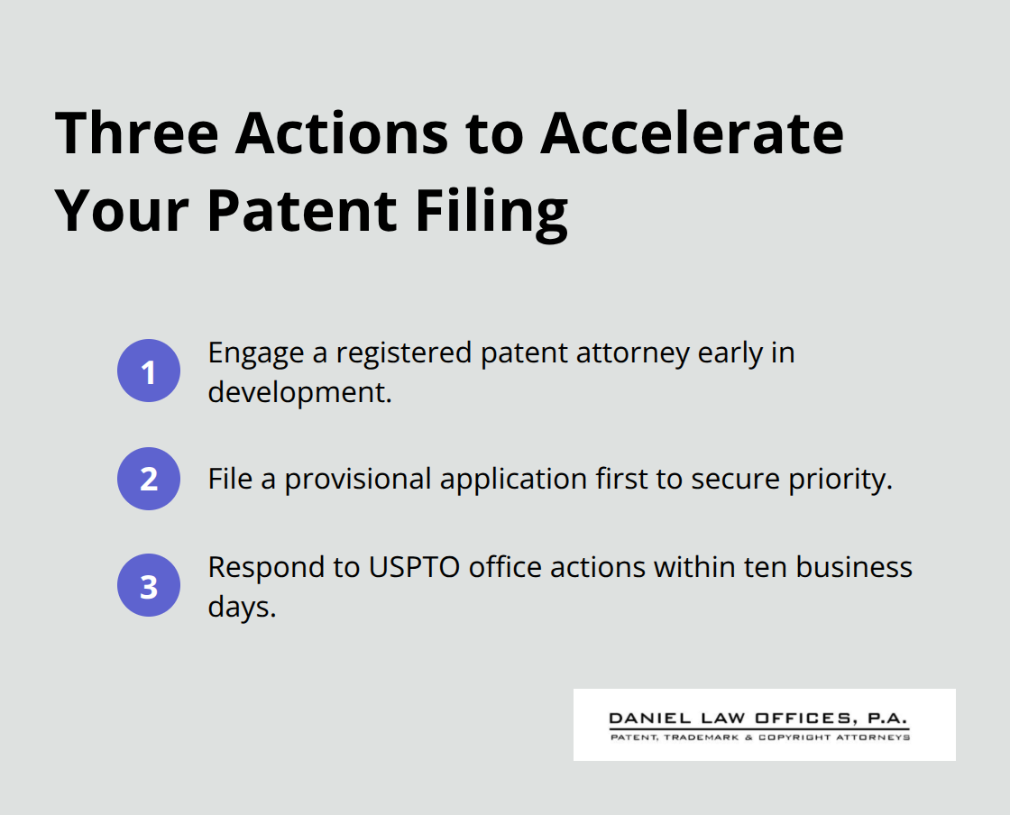Compact list of three concrete actions to prevent delays in a patent application.