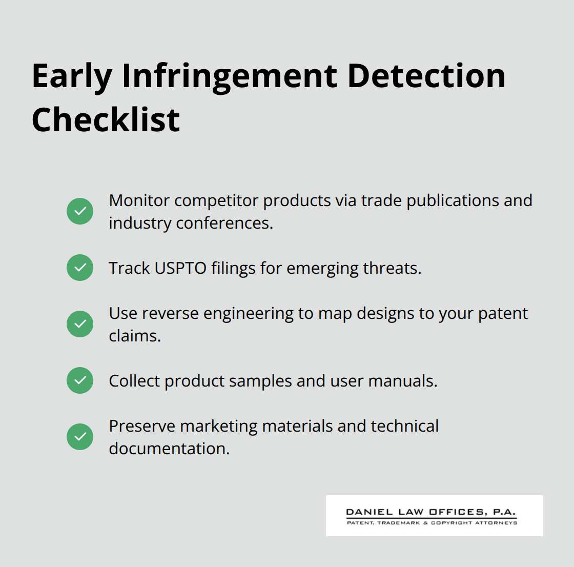 Checklist of proactive steps to detect patent infringement early in the United States