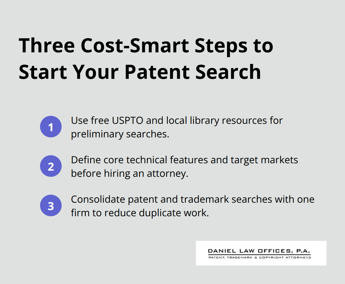 Compact list of three steps to control patent search costs for U.S. inventors.