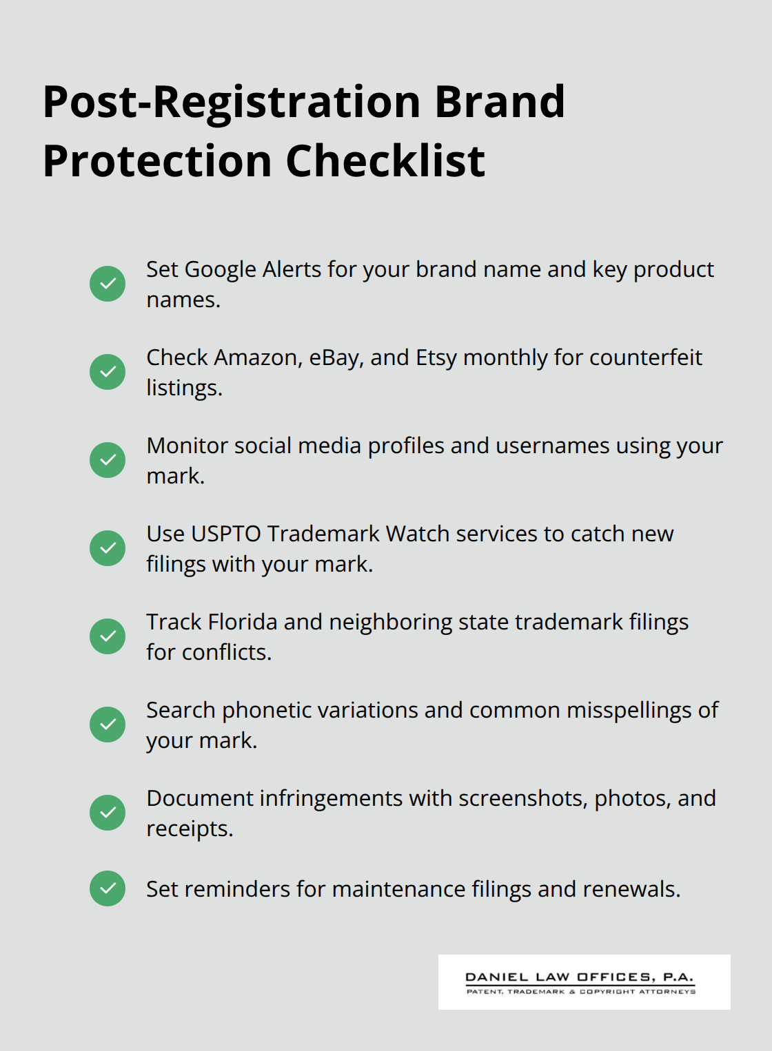 Checklist of actions to monitor and enforce a federal trademark in the U.S. - Trademark registration Orlando Florida