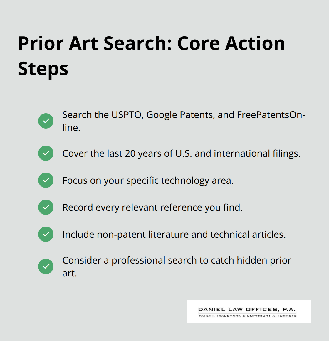 Checklist of key steps to conduct a thorough prior art search before filing a patent application. - US patent application guidance