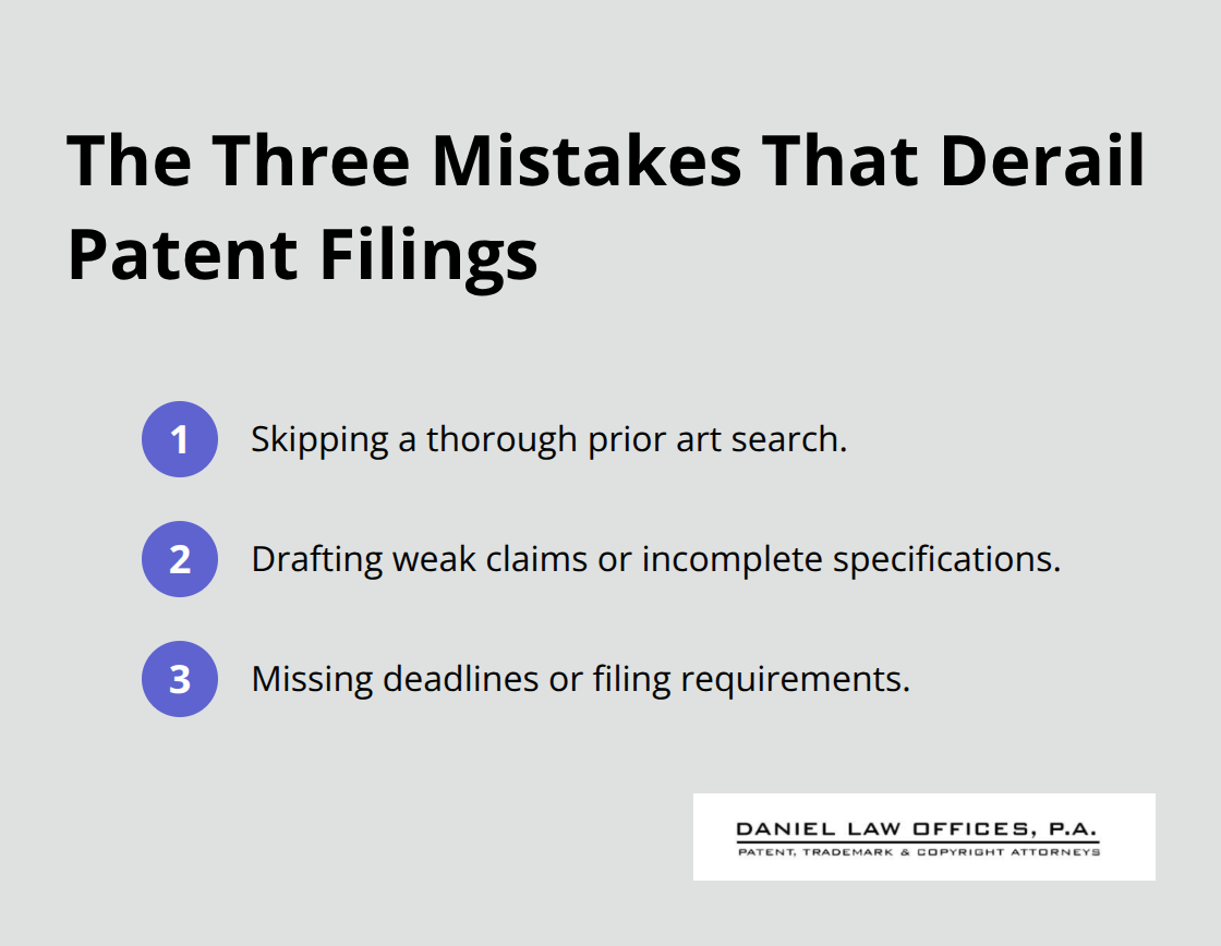 Ordered list summarizing the top three patent filing mistakes to avoid. - US patent application guidance