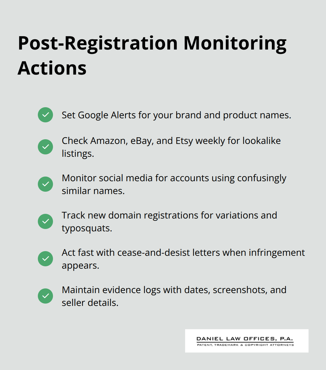 Checklist of monitoring and enforcement steps to protect a registered trademark across platforms. - brand protection