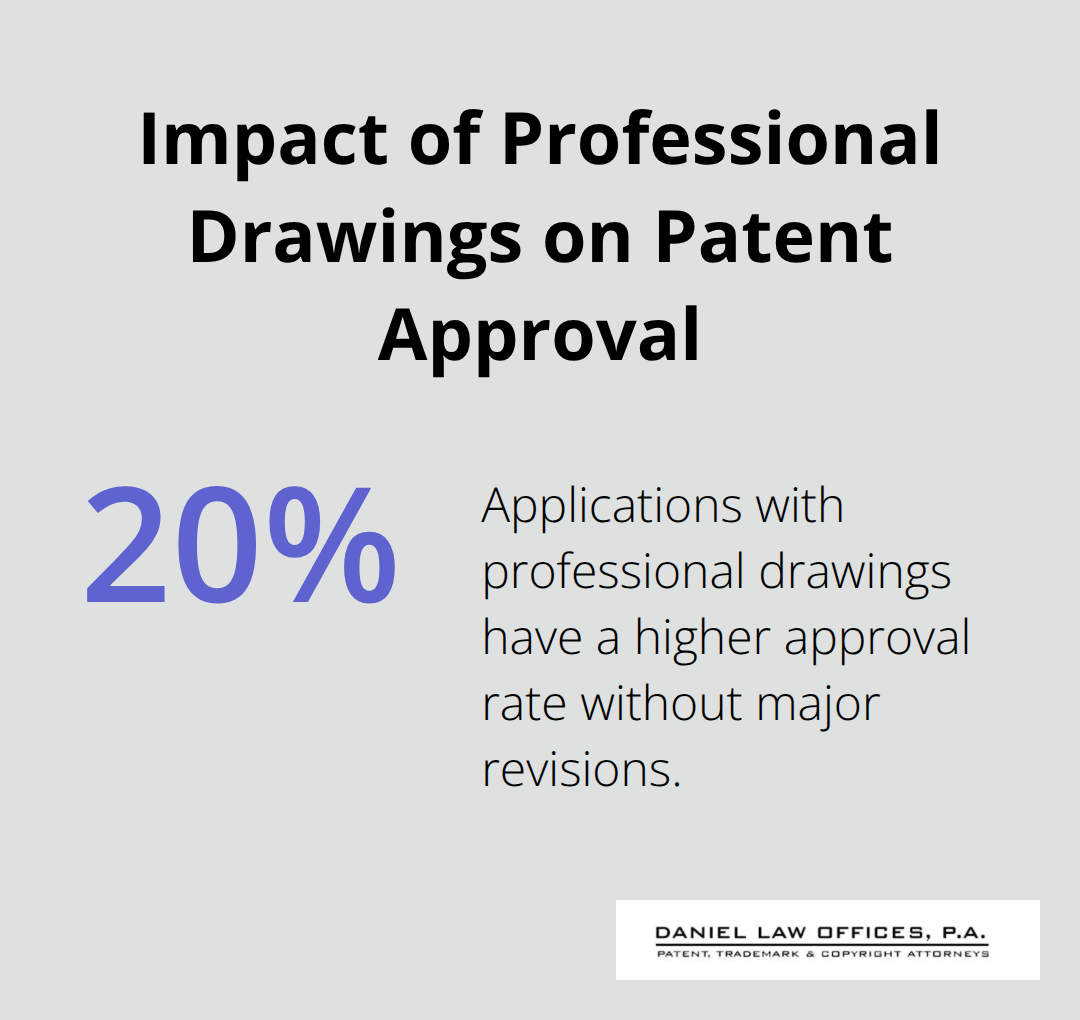 Bar chart showing 20% higher approval rate for patent applications with professional drawings - cost of filing a patent