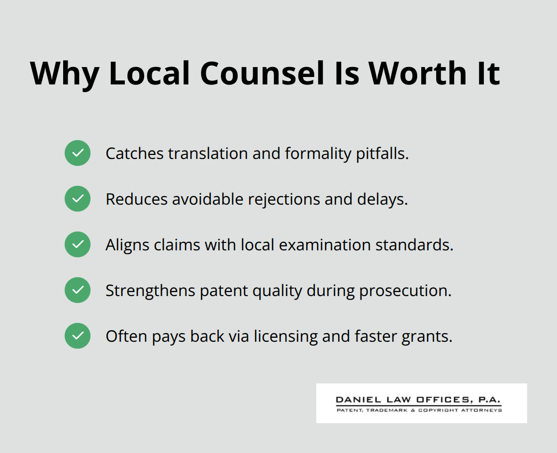 Checklist of benefits from hiring local patent attorneys for national phase filings. - global patent filing