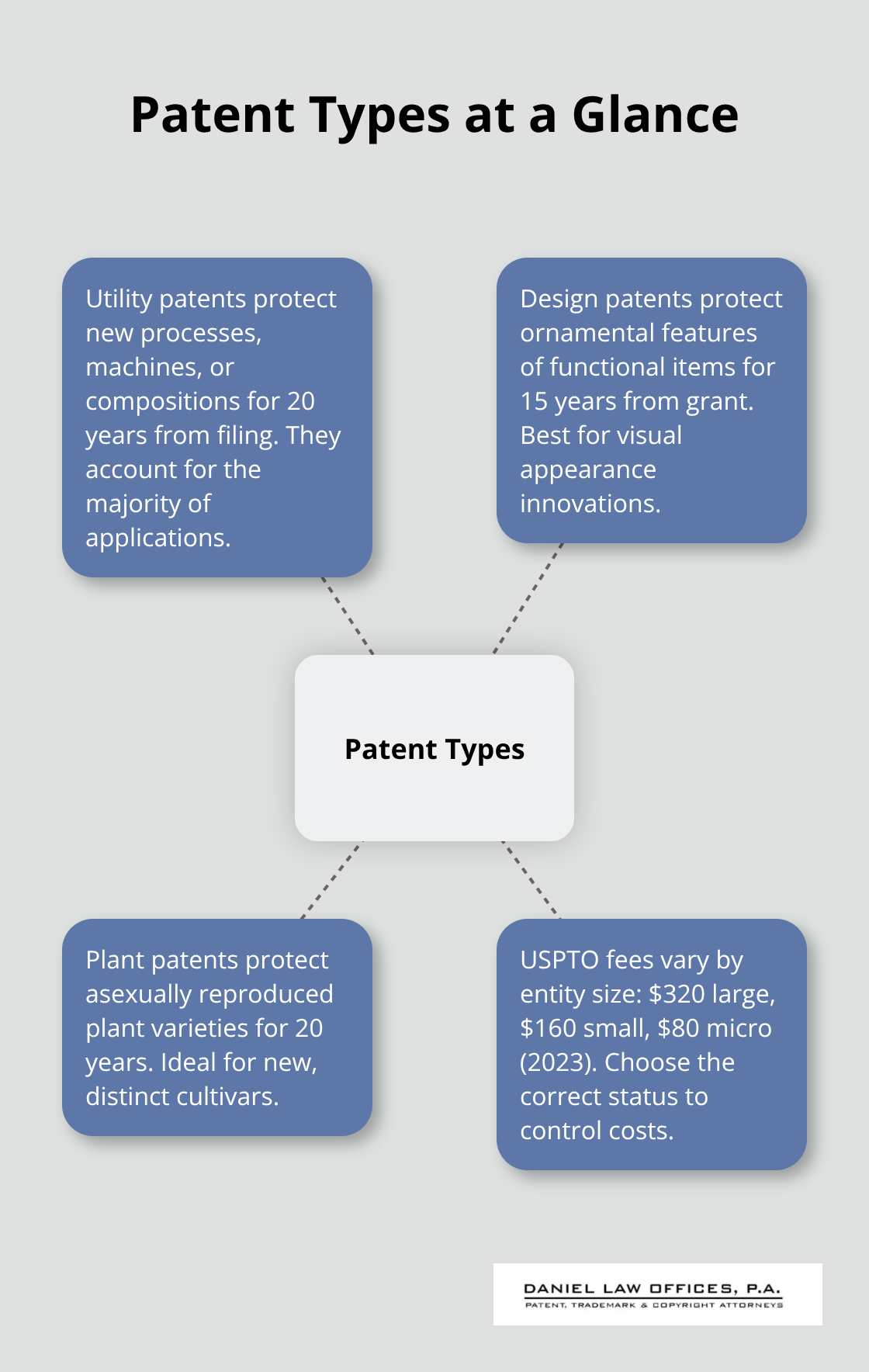 Overview of utility, design, and plant patents with durations and USPTO fee tiers.