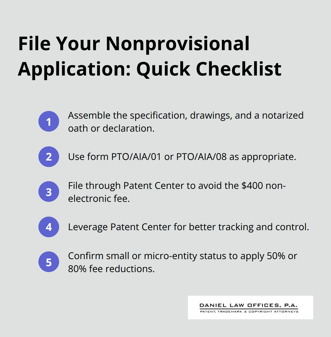 Compact checklist of key steps to correctly file a nonprovisional patent application via Patent Center - patent filing steps
