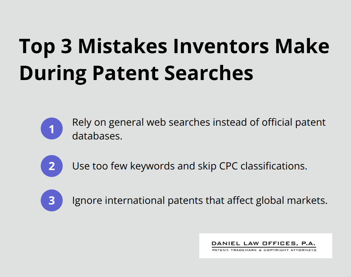 Compact list of the three most common patent search errors inventors make - patent searching process