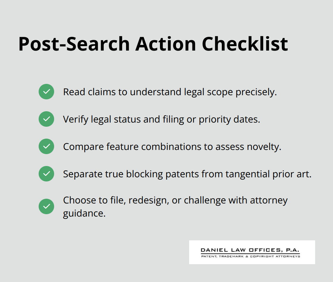 Checkmark list of next steps after a patent prior art search