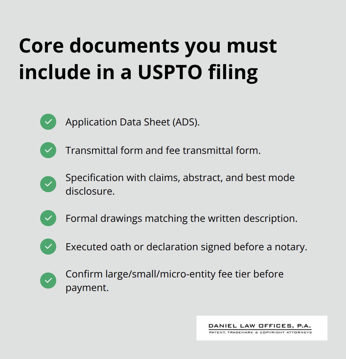 Checklist of required patent application components and related fee tiers - patent submission process