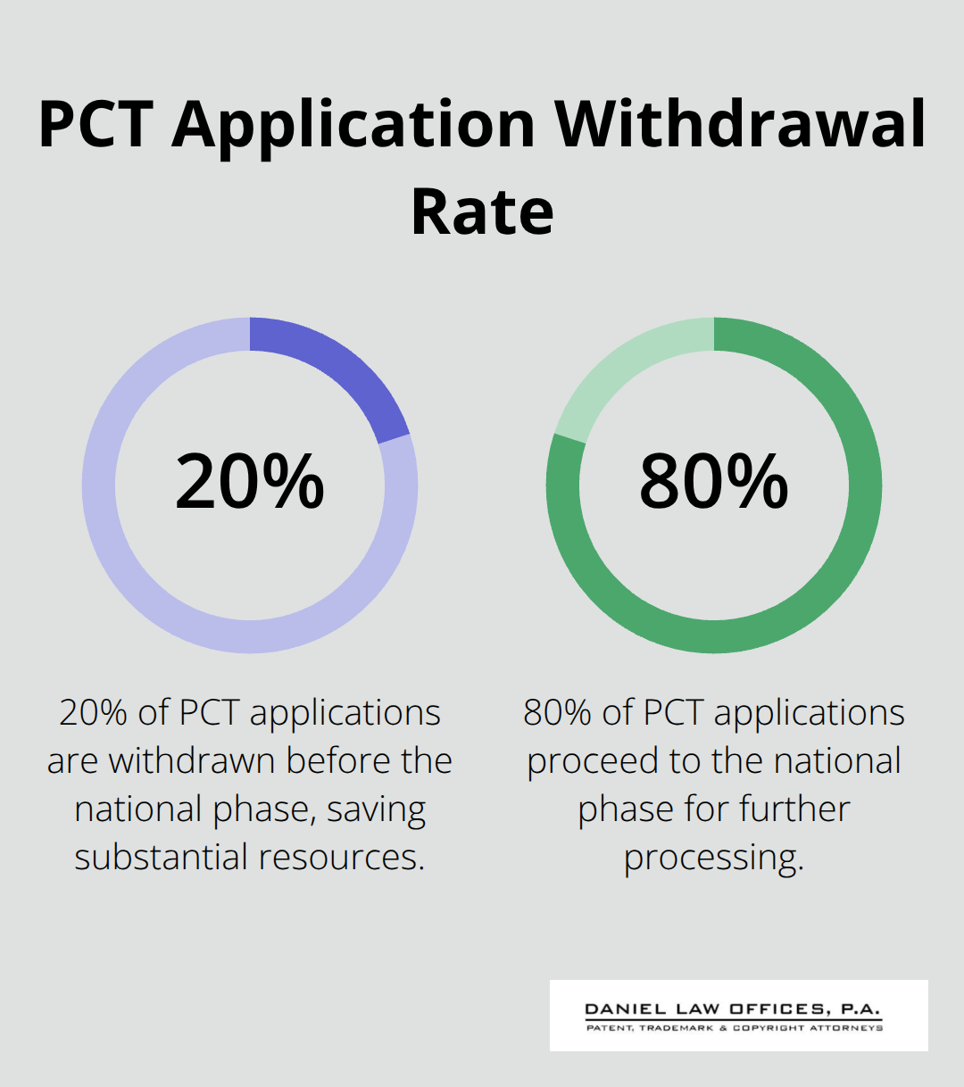 Pie chart showing 20% of PCT applications are withdrawn before the national phase