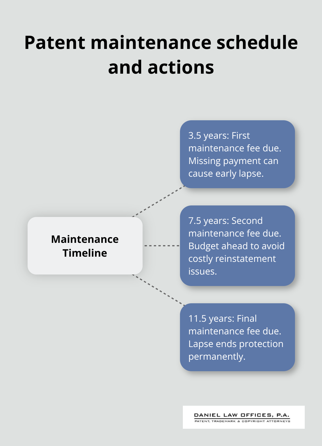 Hub-and-spoke diagram showing patent maintenance deadlines and fee considerations