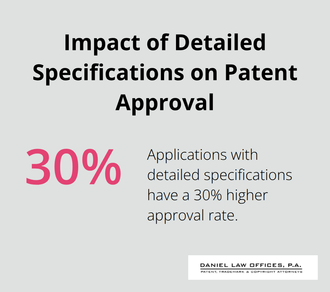 Chart showing 30% higher approval rate for patent applications with detailed specifications - utility patent filing